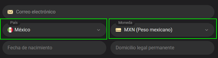 Selección de país y moneda